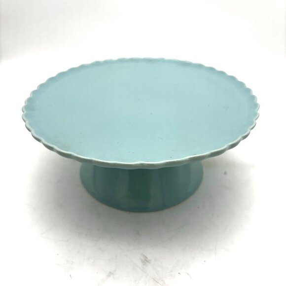 Scalloped Aqua Ceramic Cake Stand Vintage Style Dessert Display Pedestal Plate - Picture 1 of 4
